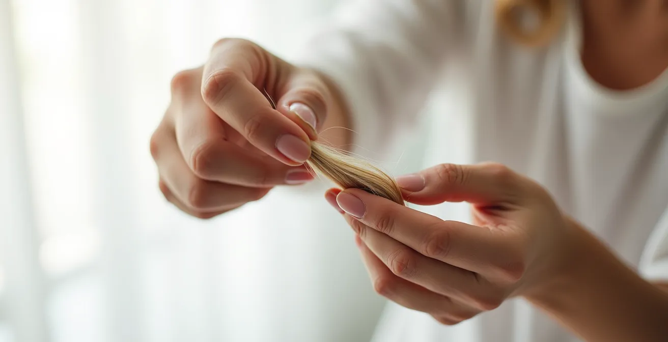 Hand dehnt nasse Haarsträhne für Elastizitätstest