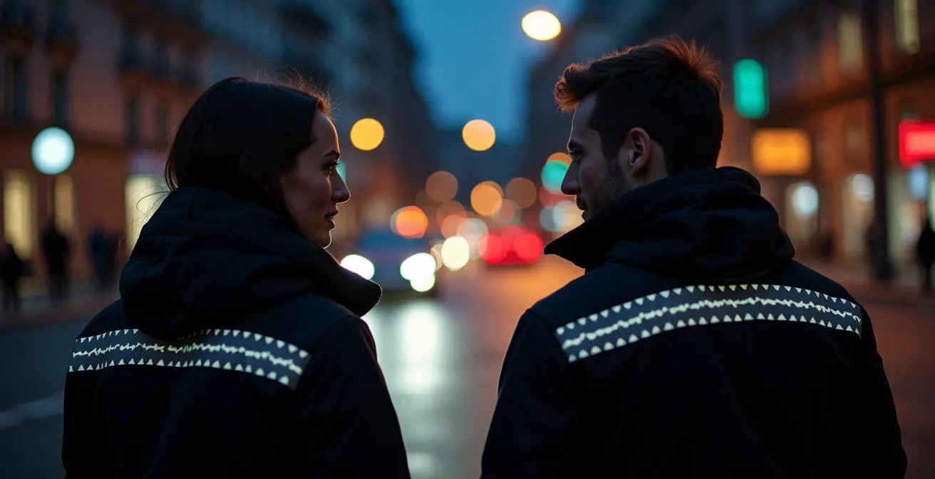Pendler mit dezent integrierten Reflektoren an Jacke bei Dämmerung