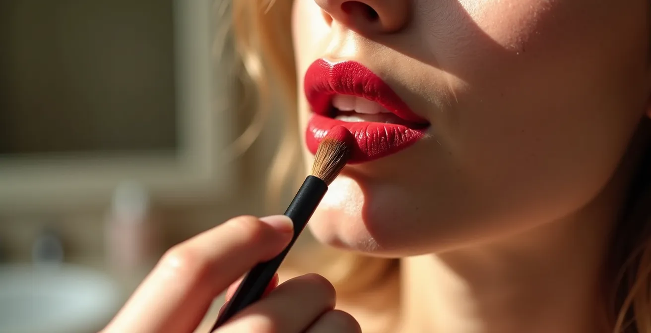 Detailaufnahme beim präzisen Auftragen von rotem Lippenstift mit professionellem Pinsel