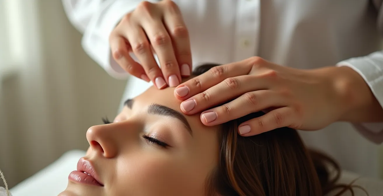 Hände führen sanfte Massagebewegungen auf der Kopfhaut aus