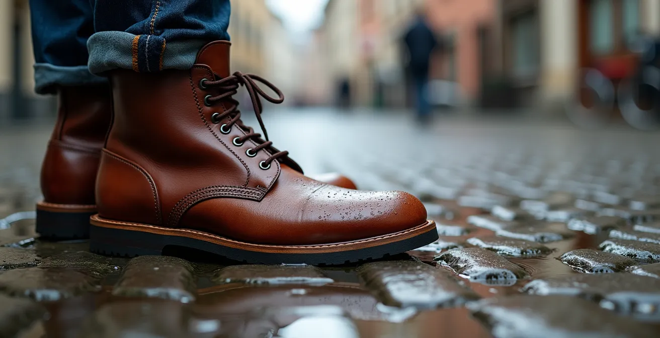 Nahaufnahme von robusten Stiefeletten auf nassem Kopfsteinpflaster