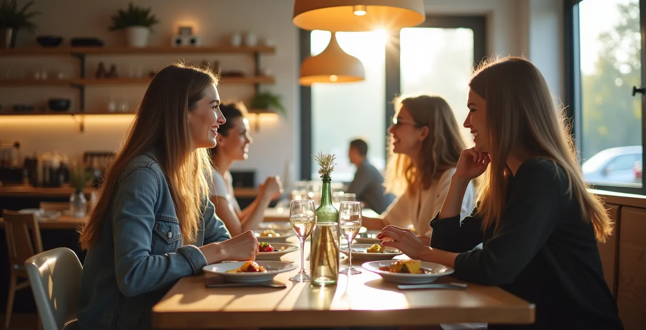 Drei Frauen in unterschiedlichen Shapewear-Kompressionsstufen beim Mittagessen