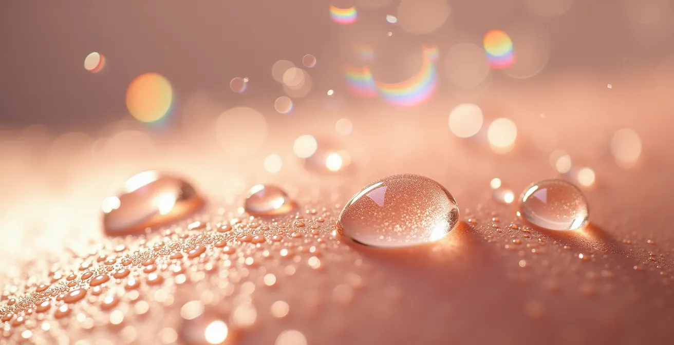 Makroaufnahme von Spray-Tröpfchen auf Haut, die den Unterschied zwischen versiegelnden und feuchtigkeitsspendenden Formulierungen zeigt