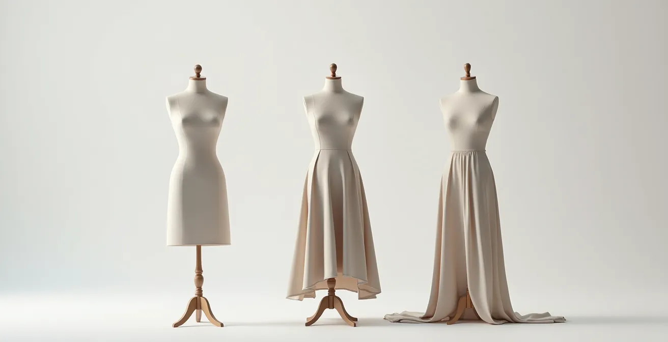 Vergleich verschiedener Stoffqualitäten und deren Fall an Kleiderpuppen, die A-Linien- und Etui-Silhouetten zeigen