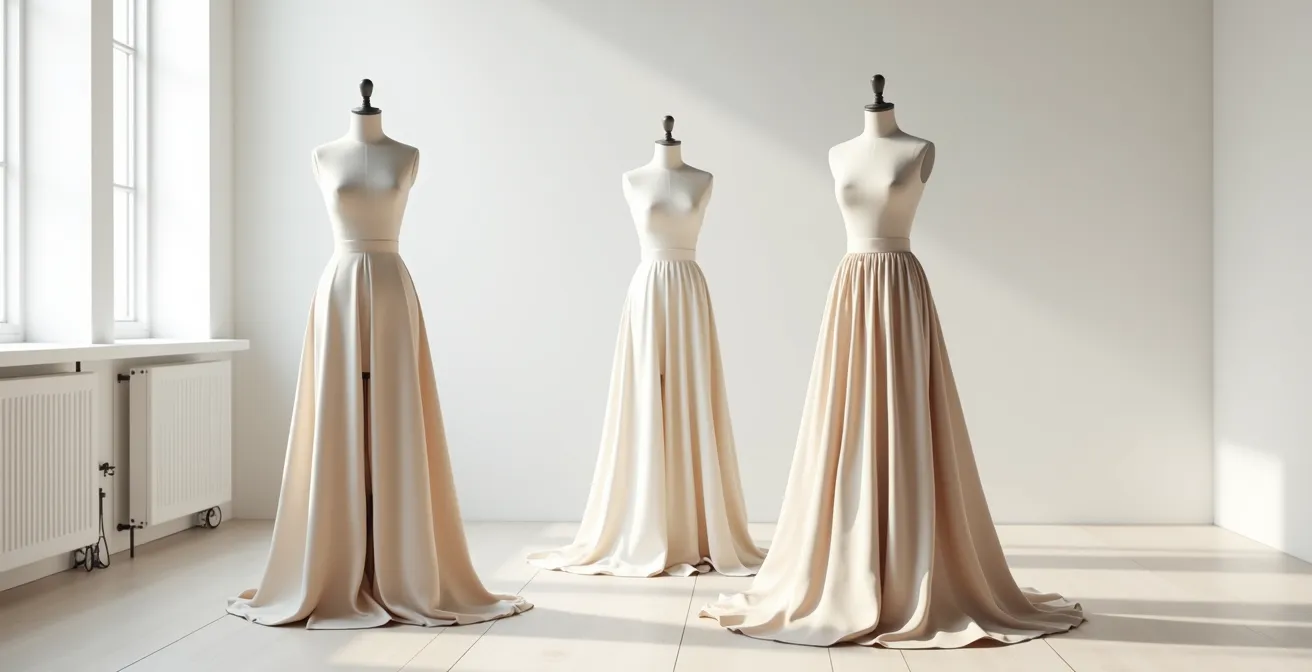 Vergleich verschiedener Stoffarten und deren Fall an einer Schneiderpuppe