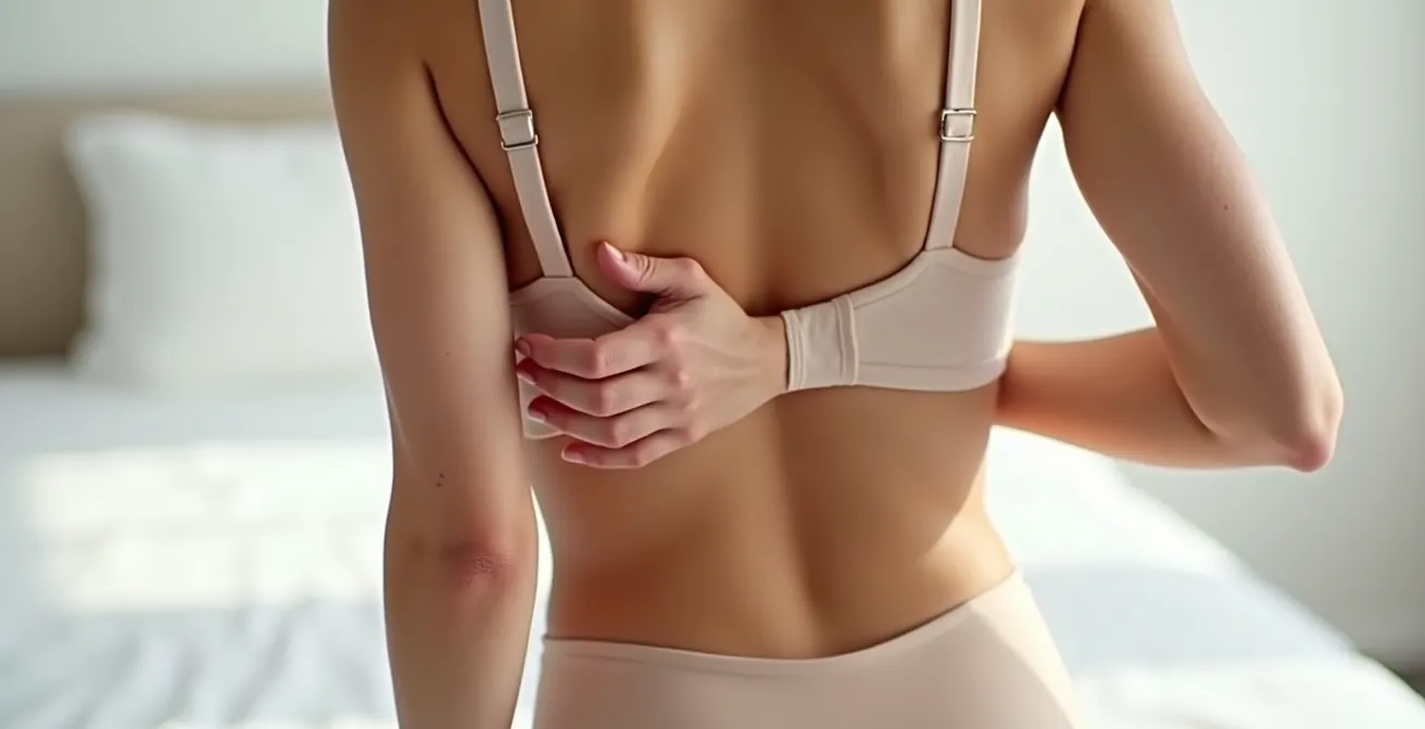 Nahaufnahme eines BH-Rückenteils, bei dem eine Person mit den Händen die Stabilität des Materials testet.