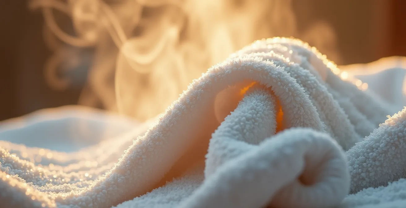 Nahaufnahme von dampfendem warmem Handtuch um Haare gewickelt