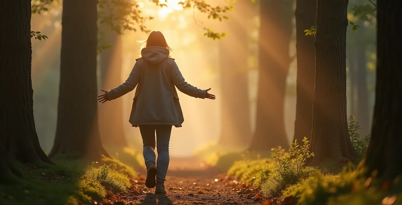 Eine Person praktiziert Waldbaden zur Stressreduktion und geht achtsam durch einen nebligen deutschen Buchenwald.