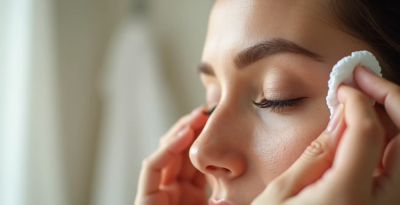 Nahaufnahme der sanften Wimpernreinigung mit einem Wattepad an der Augenpartie