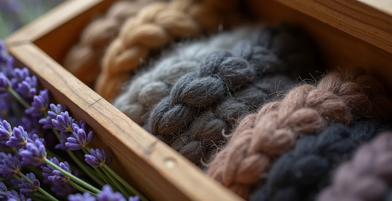 Detailaufnahme eines hochwertigen Wollmantels, der mit Ringen aus Zedernholz und Lavendelsäckchen zum Mottenschutz gelagert wird.