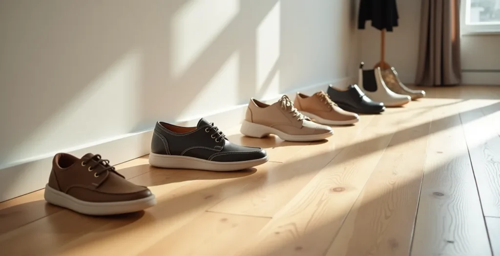 Elegante Anordnung verschiedener Schuhpaare, die den täglichen Wechsel zwischen flachen und Absatzschuhen in einer Woche symbolisieren