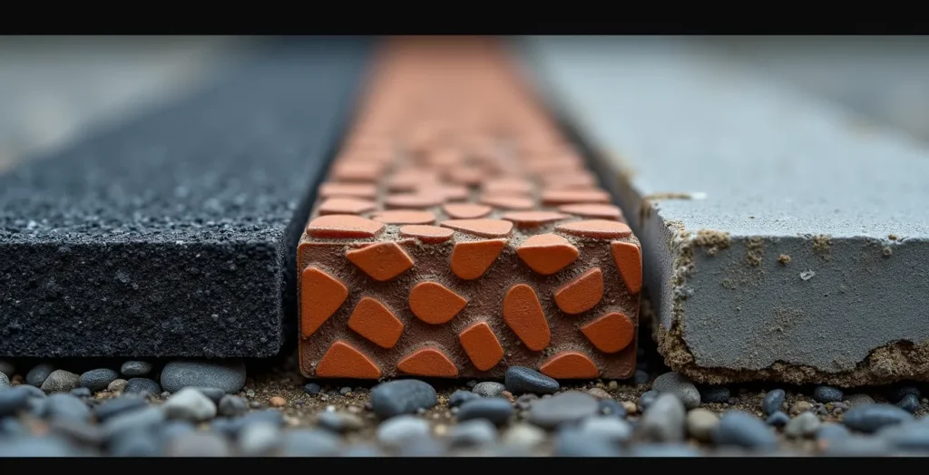 Makroaufnahme, die den Unterschied in der Dämpfung von EVA-Schaum, Gummi und Ledersohlen auf Asphalt und Kopfsteinpflaster zeigt
